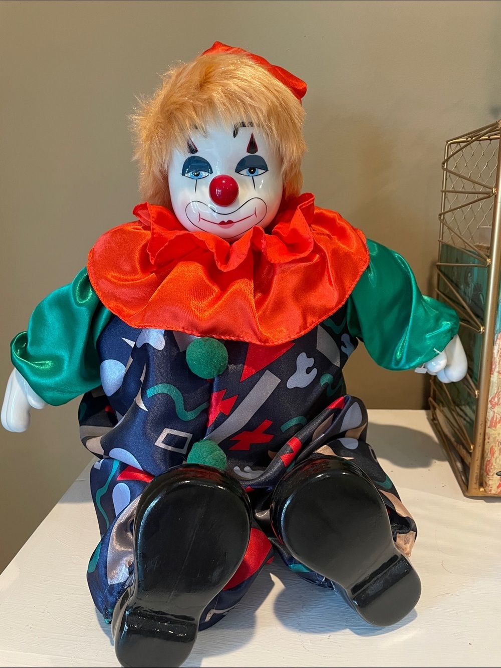 Colorful Ceramic-Head Clown Doll with Satin Outfit/collectible
